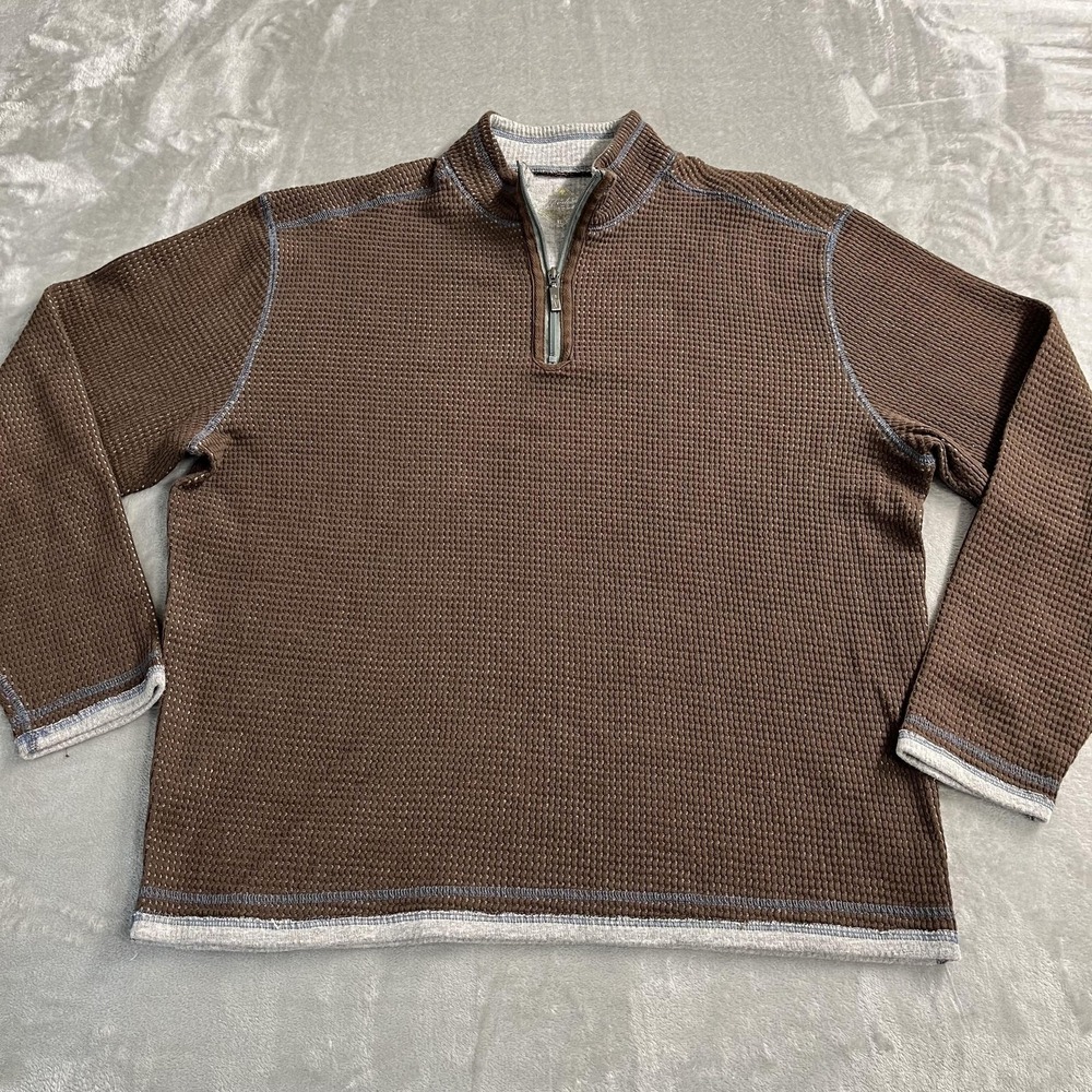 Paradise Sweater Mens XL Brown Mock Neck 1/4 Zip Waffle Knit Pullover Casual